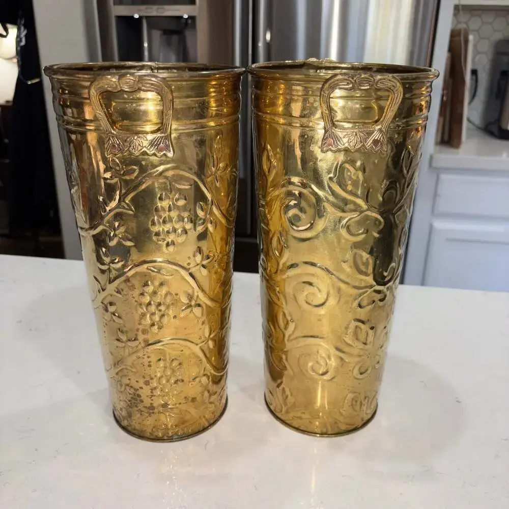 Vintage Hosley French Brass Bucket Planter Vases with Embossed Floral/Grapevine